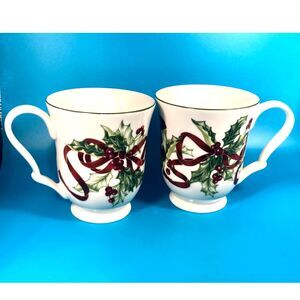 Charter Club Christmas Holiday PAIR footed coffee mugs china EUC 6 AVAILABLE
